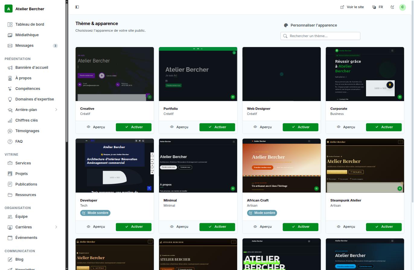 The theme gallery in the console, with a preview of each design.